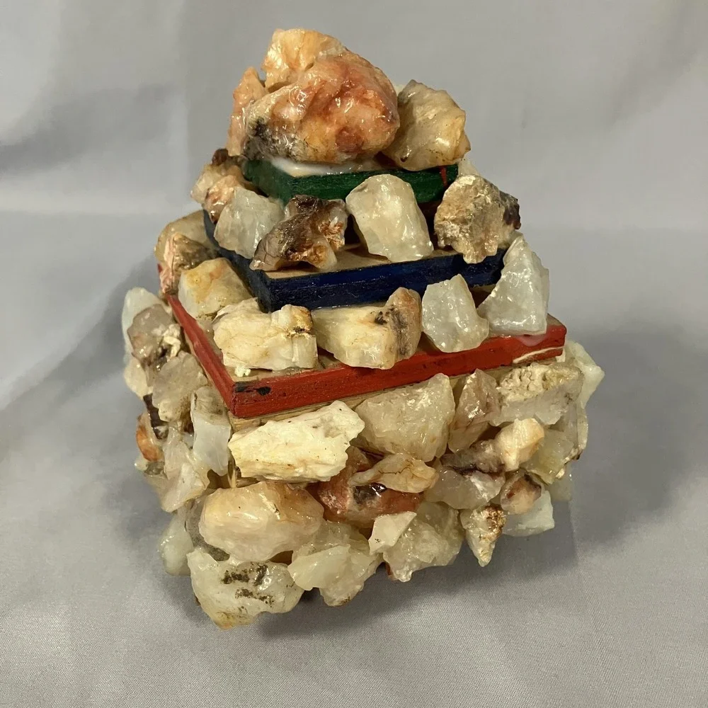 Handmade Stone Quartz Rock Encrusted Pyramid Trinket Jewelry Box Wood‎ Keepsake